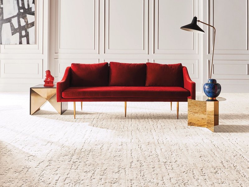 Red couch on carpet floor - CARPET LOVER PLUS in Uxbridge,  MA